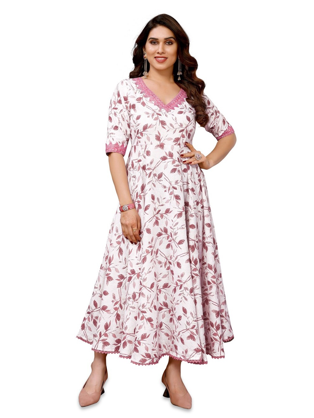 

Krimmple Floral Print V-Neck Fit & Flare Maxi Dress, White