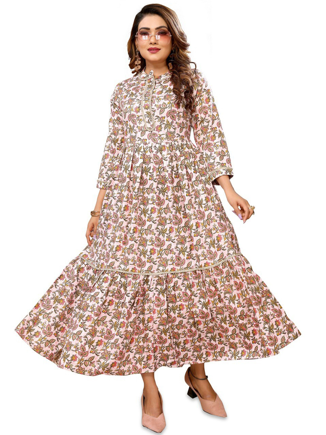 

Krimmple Floral Print Mandarin Collar Fit and Flare Dress, Pink