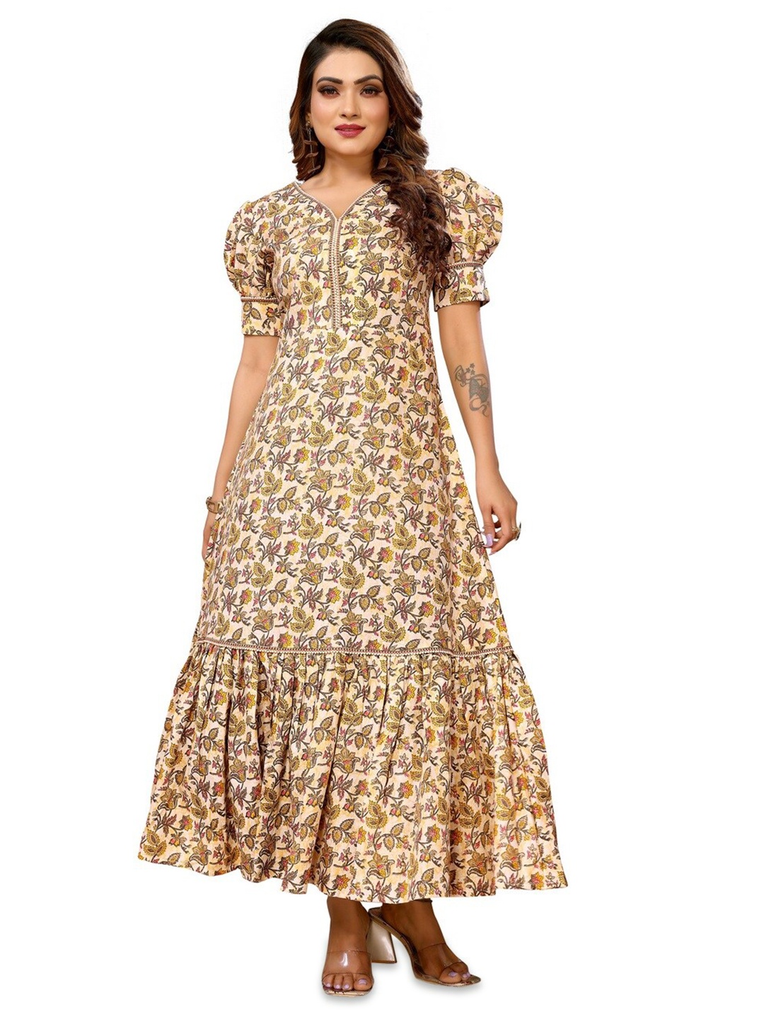 

Krimmple Floral Print Puff Sleeves Fit and Flare Dress, Yellow