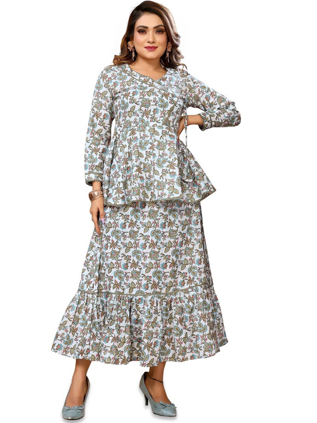 

Krimmple Floral Printed Lace Inserts Fit & Flare Maxi Dress, Blue