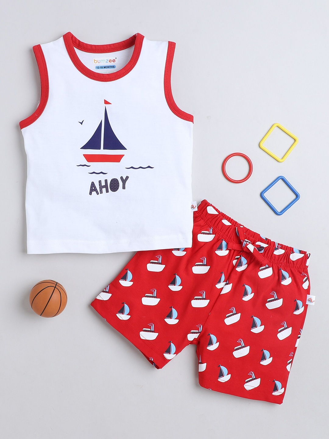 

BUMZEE Boys Printed Pure Cotton T-shirt with Shorts, Red