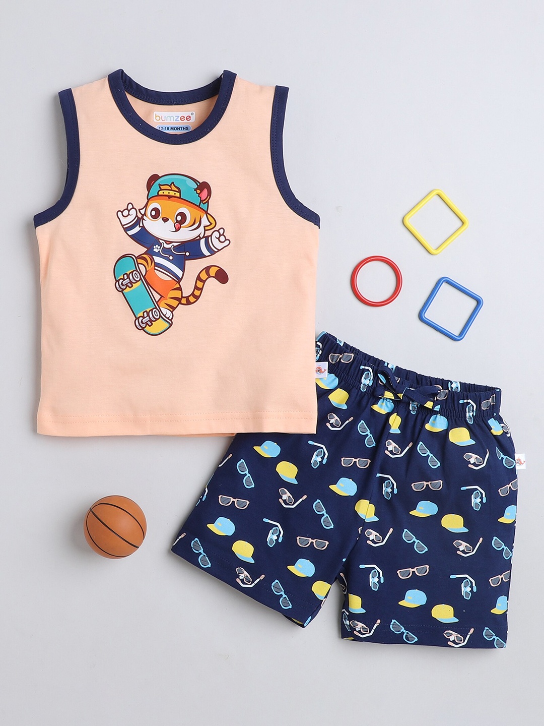 

BUMZEE Boys Printed Pure Cotton T-shirt with Shorts, Navy blue