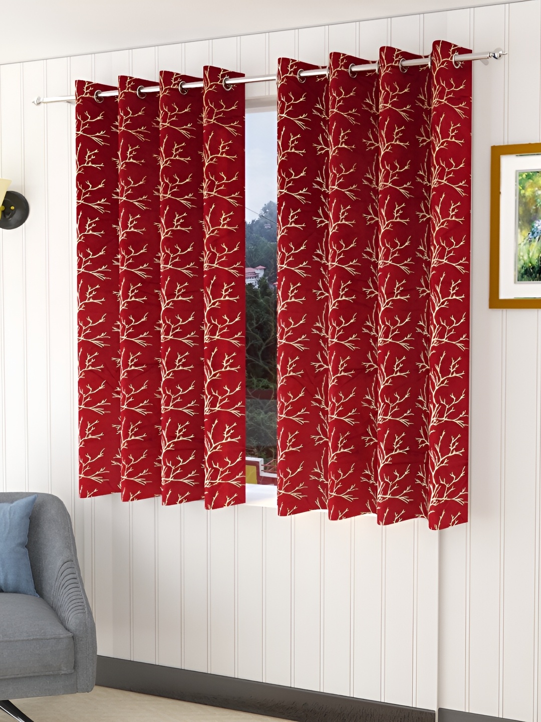 

Aura Maroon & Gold Toned 2 Pieces Printed Velvet Room Darkening Window Curtains