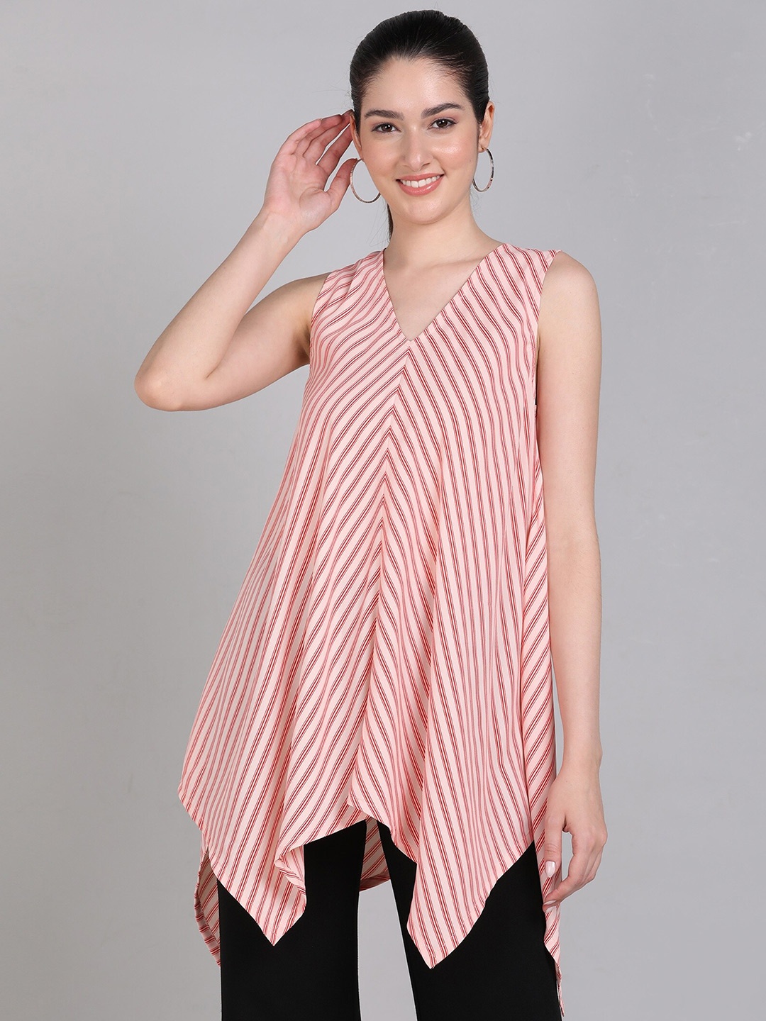 

ZNX Clothing Striped Sleeveless High-Low V-Neck A-Line Kurti, Red