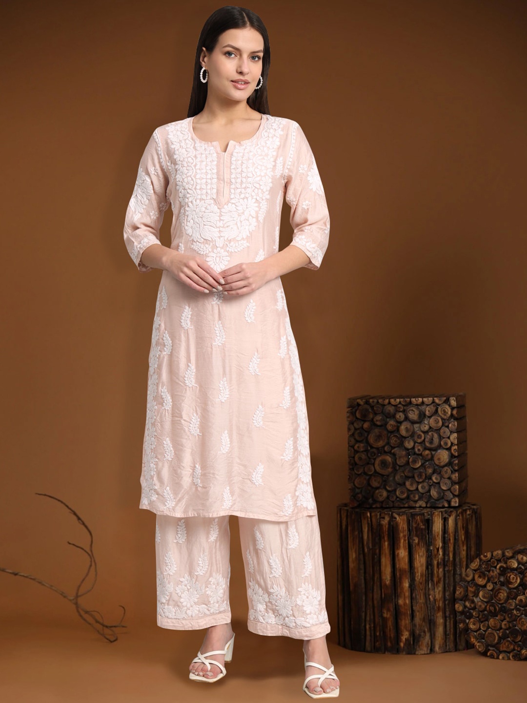 

PARAMOUNT CHIKAN Ethnic Motifs Regular Chikankari Chanderi Cotton Kurta with Palazzos, Beige