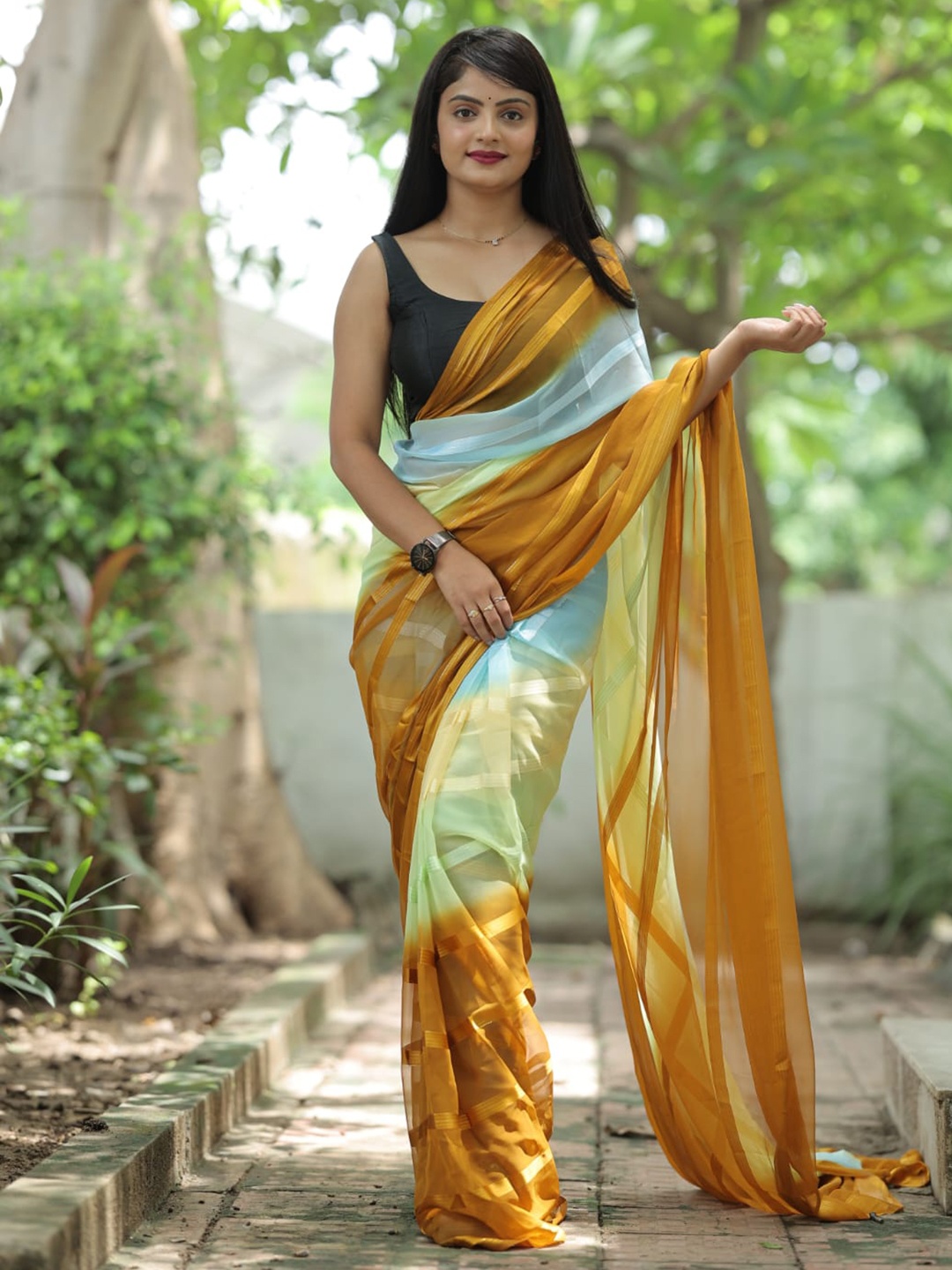 

Naishu Trendz Ombre Ready To Wear Saree, Mustard