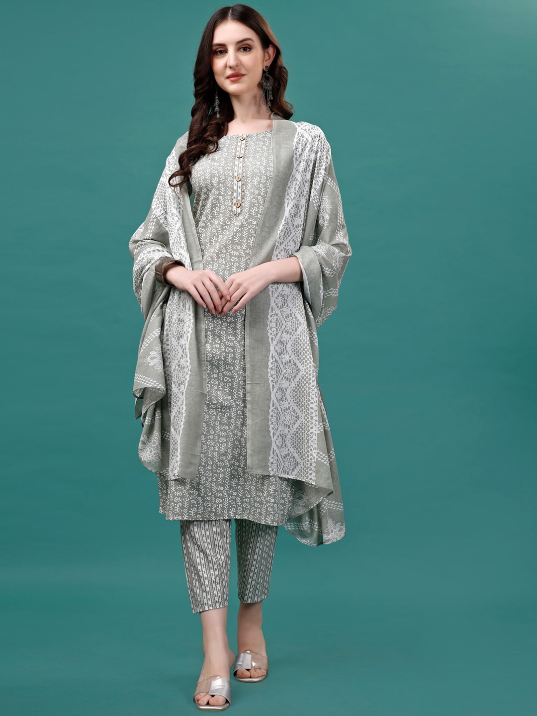 

KALINI Floral Printed Regular Kurta with Trousers & With Dupatta, Grey
