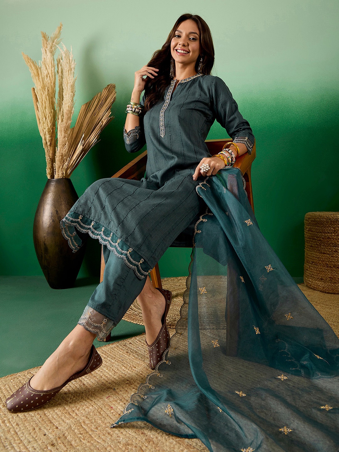 

Sangria Embroidered Sequined & ZariStraight Kurta With Trouser & Dupatta, Green