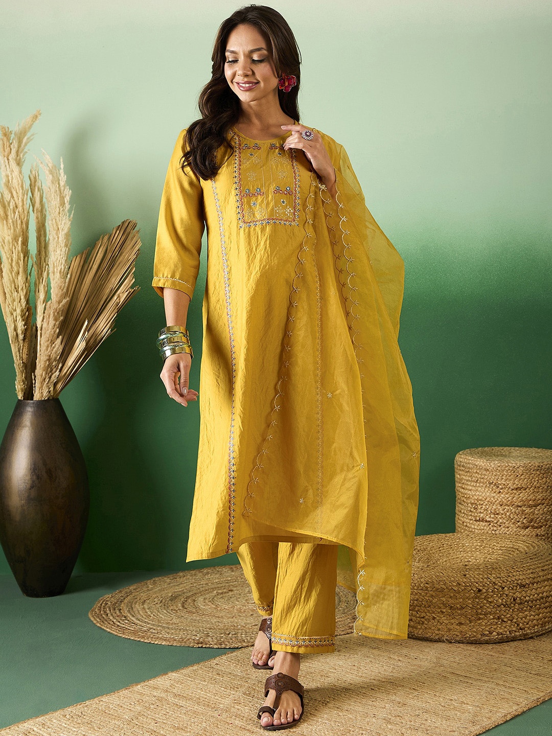 

Sangria Yellow Floral Embroidered Round Neck Straight Kurta With Trouser & Dupatta