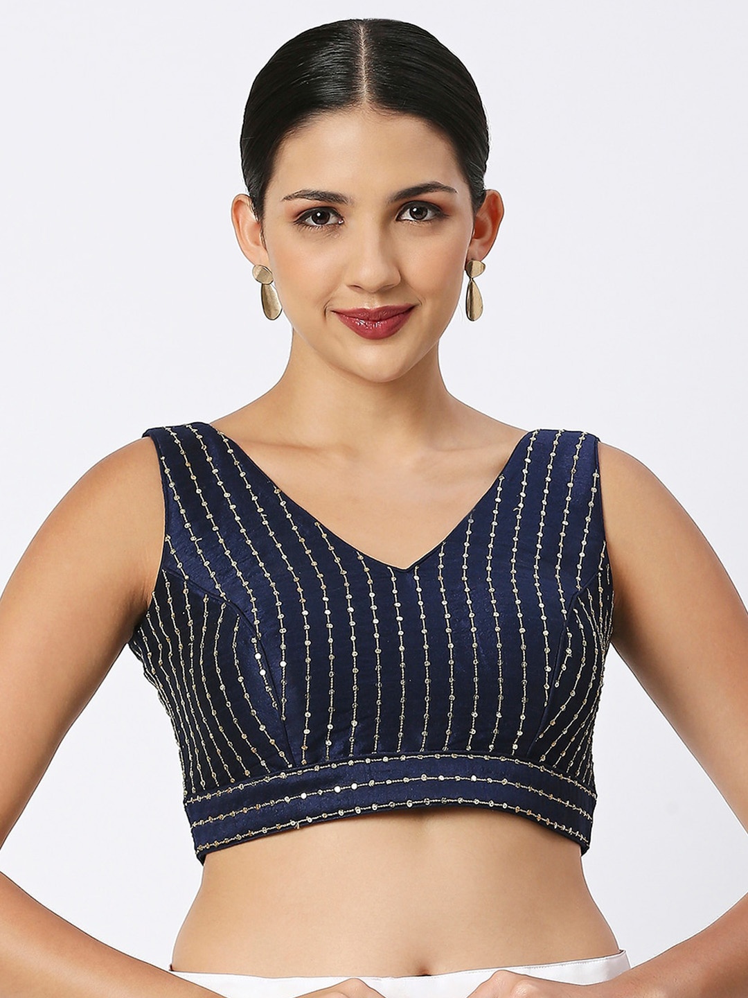 

neckbook Embroidered V-Neck Sequinned Saree Blouse, Navy blue