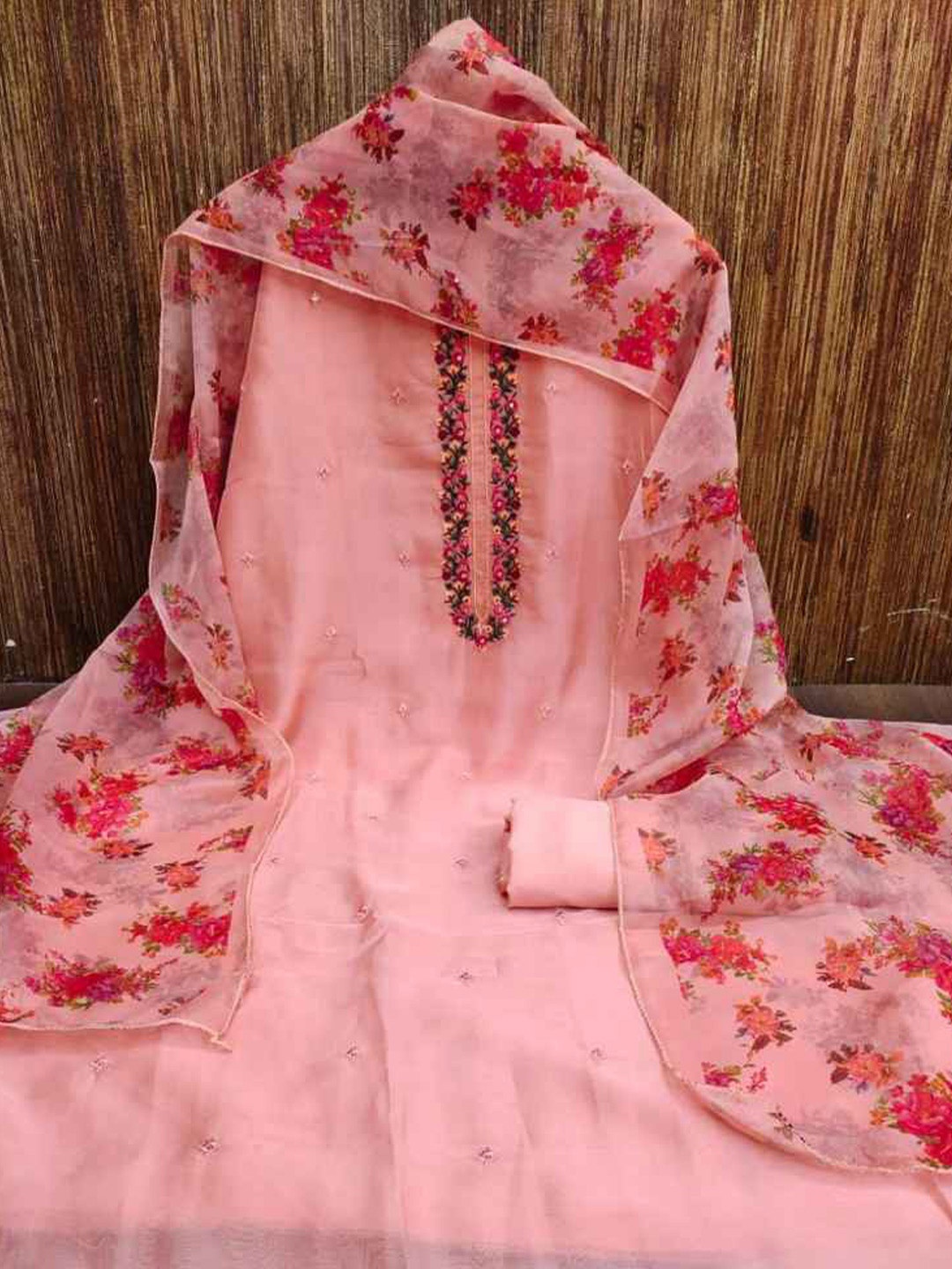

faxofab Floral Embroidered Organza Unstitched Dress Material, Pink