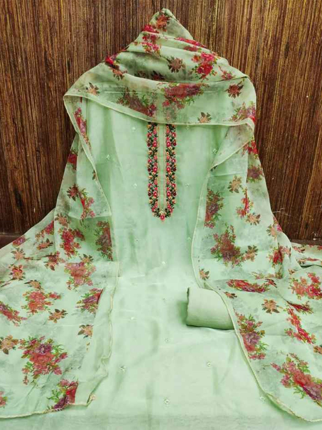 

faxofab Floral Embroidered Organza Unstitched Dress Material, Green