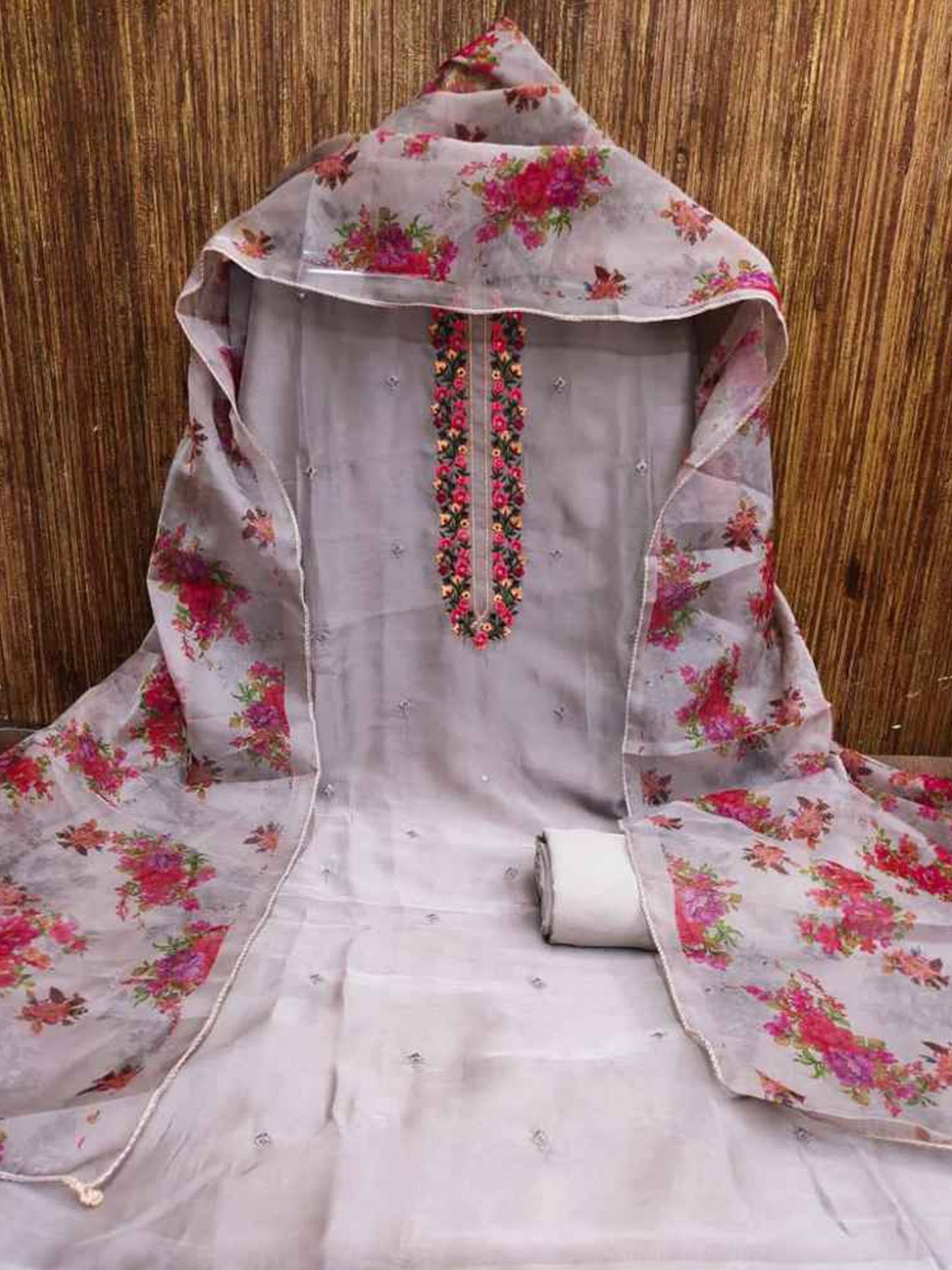 

faxofab Floral Embroidered Organza Unstitched Dress Material, Purple