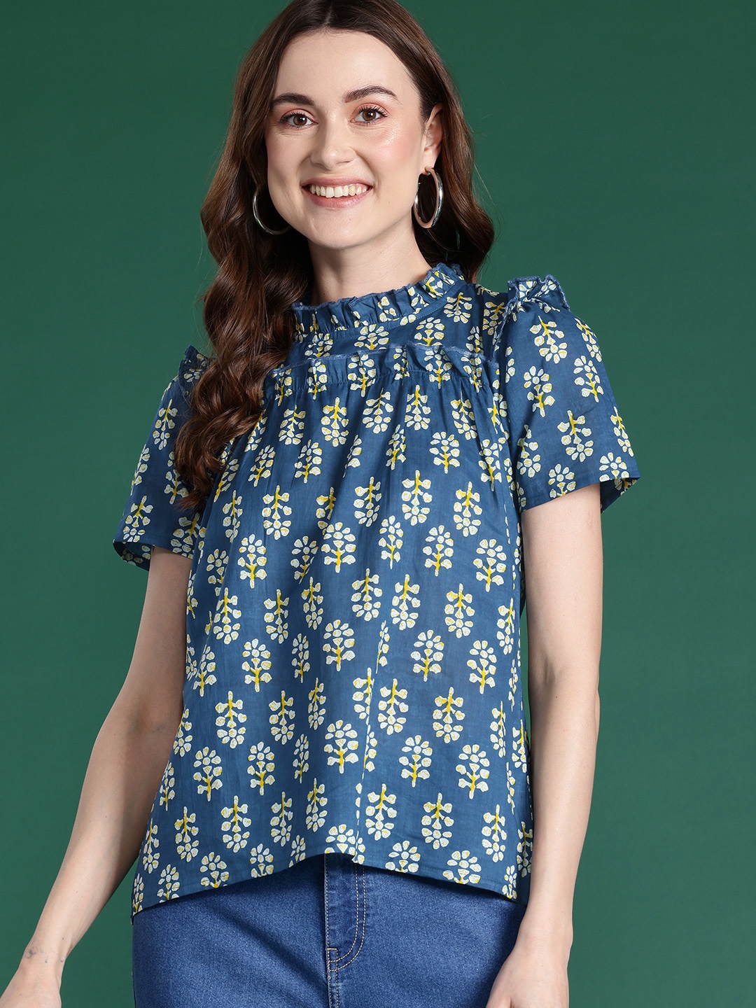 

DressBerry Floral Print Cotton Top, Navy blue