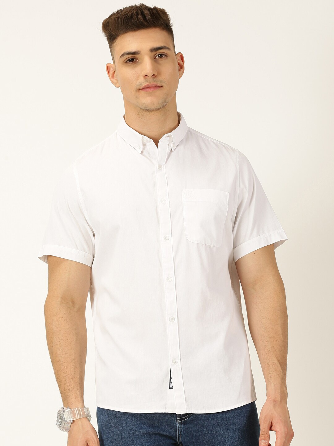 

Provogue New Slim Fit Button Down Collar Pure Cotton Casual Shirt, White