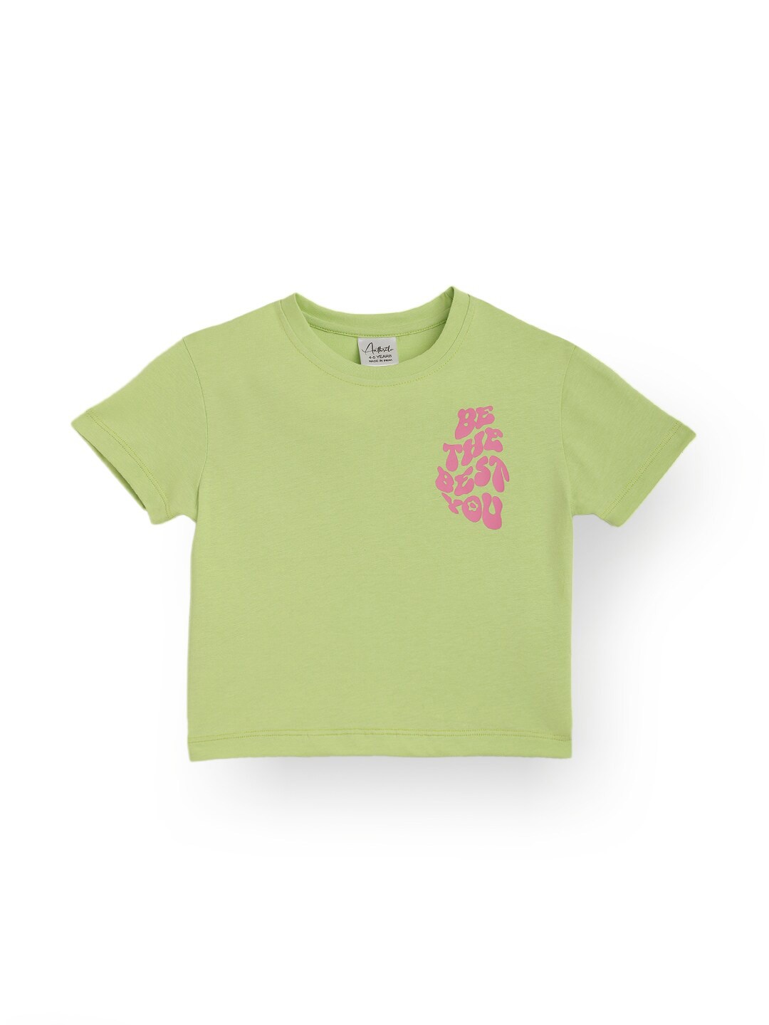 Anthrilo Girls Typography Printed Round Neck Cotton T-shirt, Green