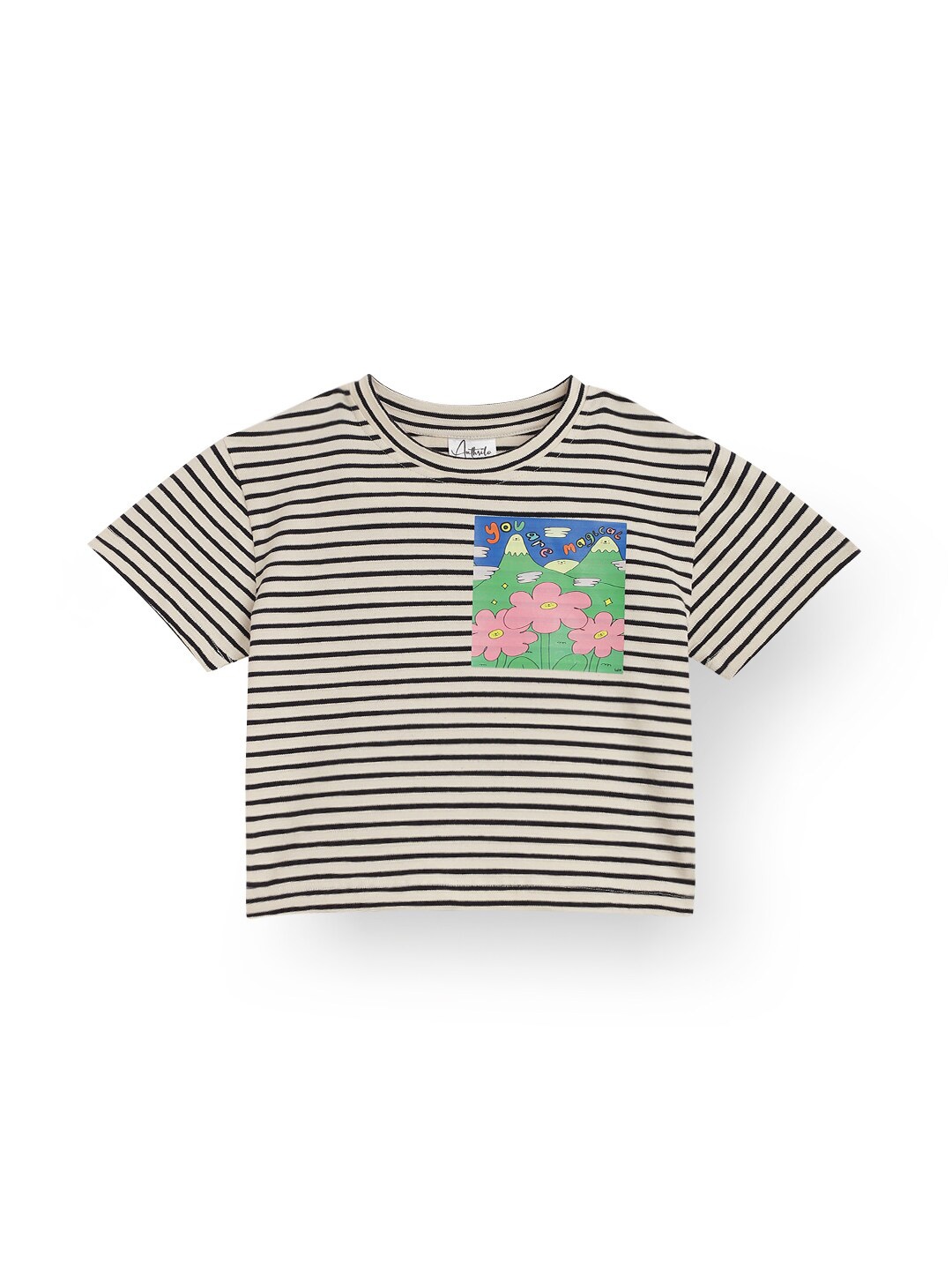 

Anthrilo Girls Striped Cotton T-shirt, Beige