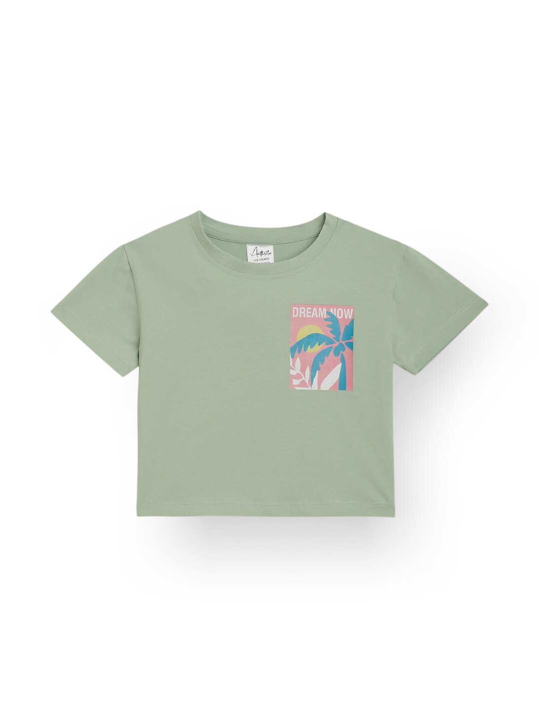 

Anthrilo Girls Graphic Placement Printed Cotton T-shirt, Green
