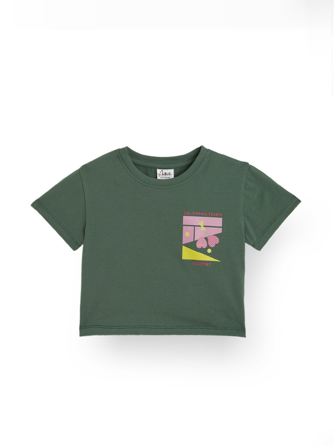 

Anthrilo Girls Graphic Printed Round Neck Cotton T-shirt, Green