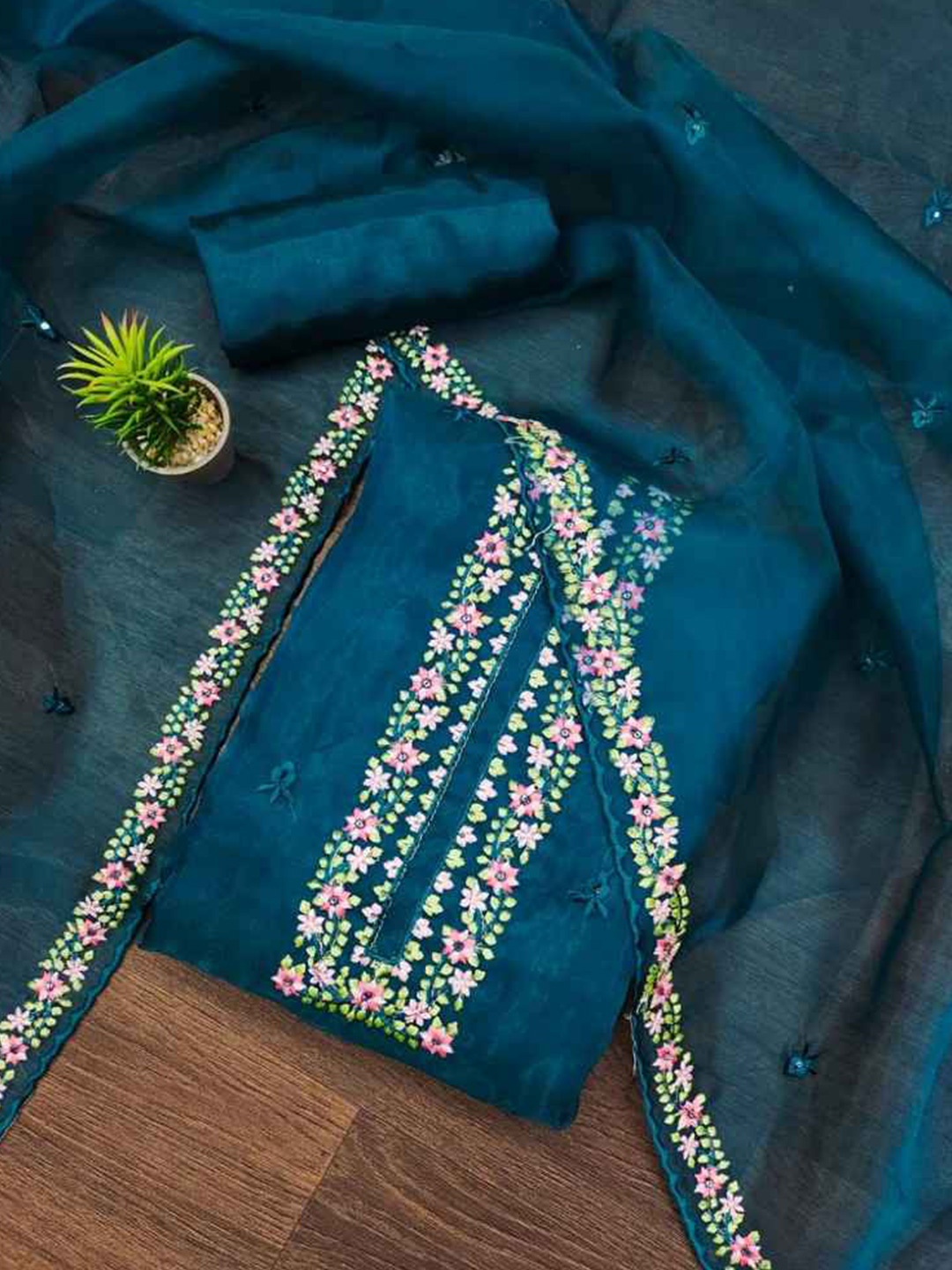 

faxofab Floral Embroidered Unstitched Dress Material, Blue