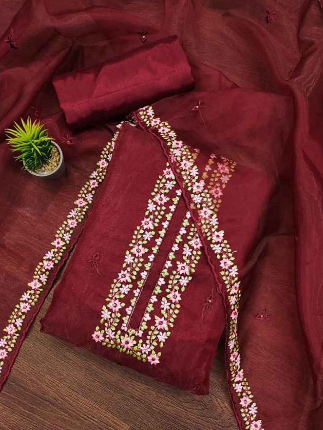 

faxofab Floral Embroidered Unstitched Dress Material, Maroon