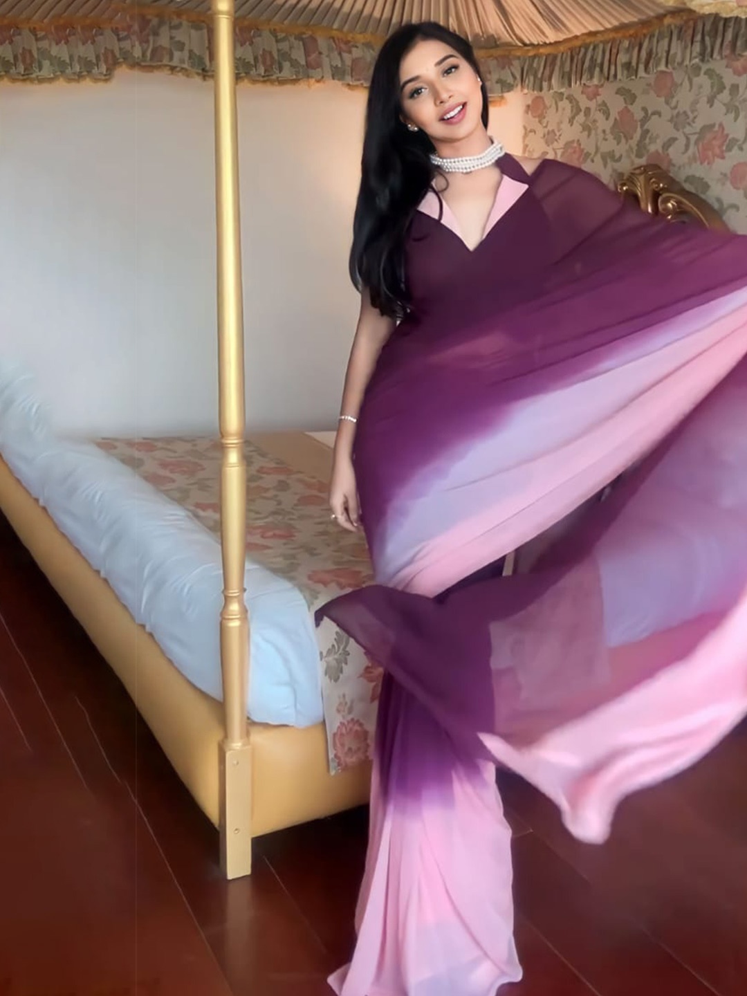

Naishu Trendz Ombre Poly Georgette Ready To Wear Saree, Purple