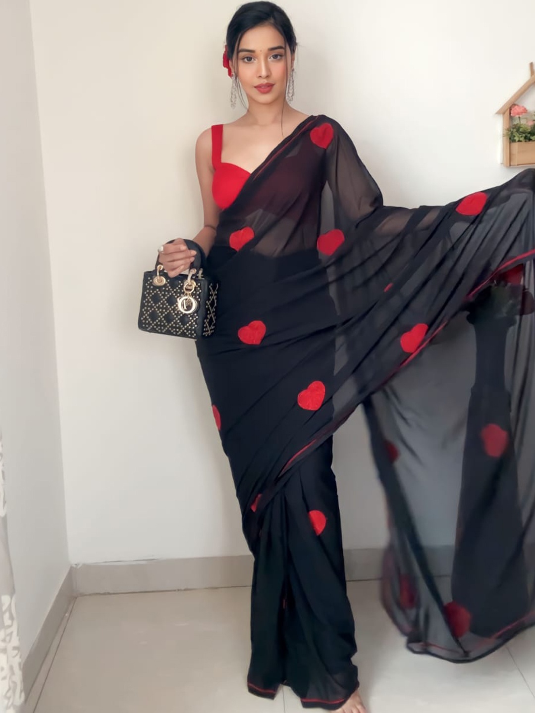 

Naishu Trendz Geometric Embroidered Poly Georgette Ready To Wear Saree, Black