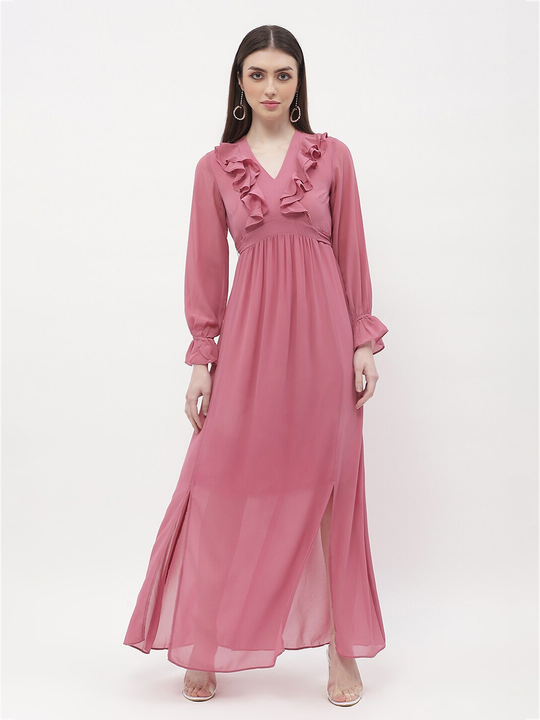 

Madame Cuffed Sleeves Flared V-Neck Maxi Dress, Pink