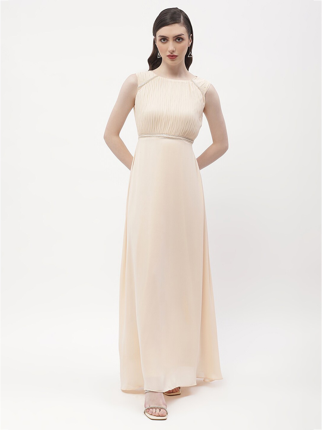 

Madame Round Neck Flared Maxi Dress, Beige