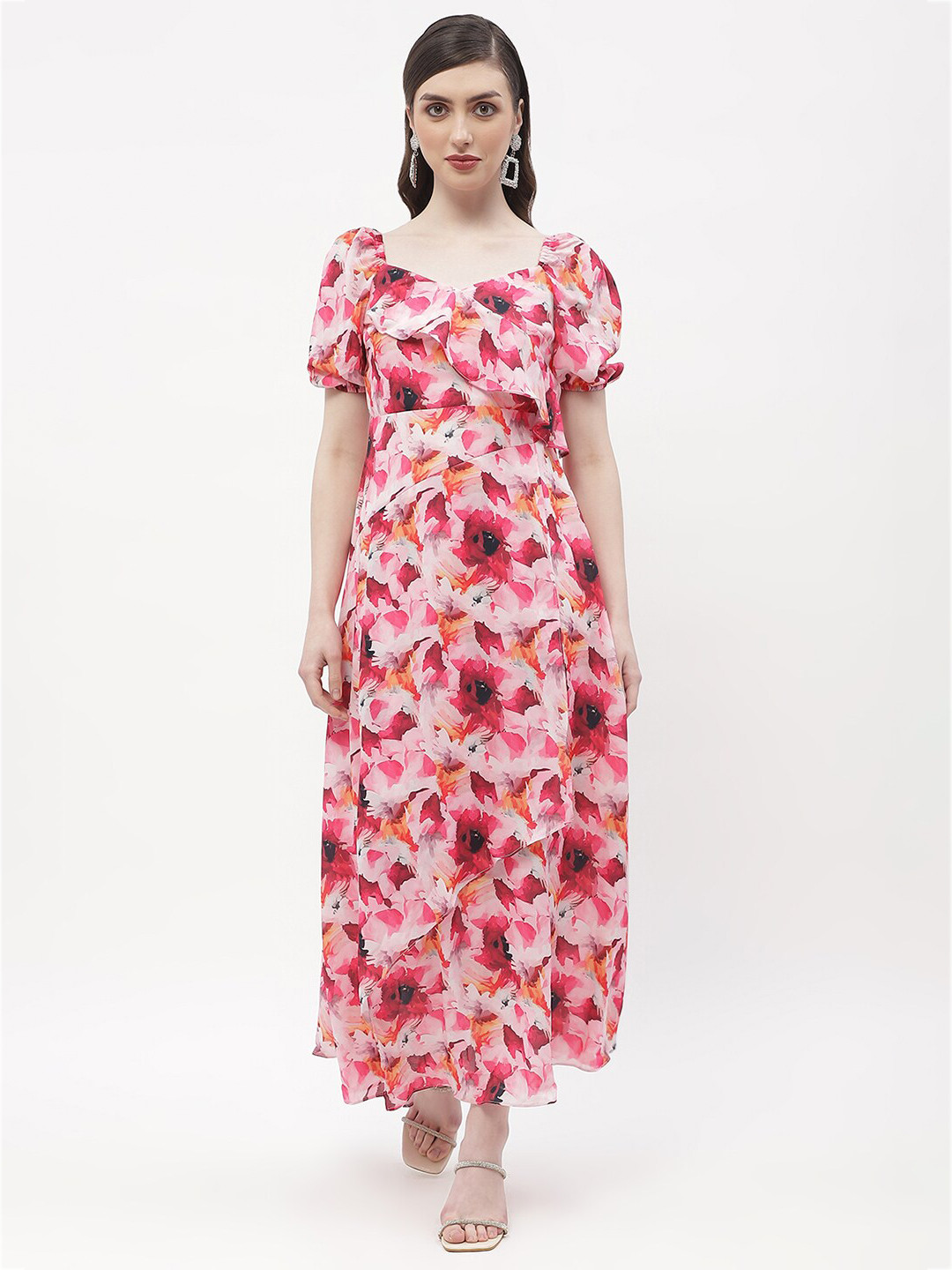 

Madame Floral Printed Puff Sleeves Maxi Dress, Pink