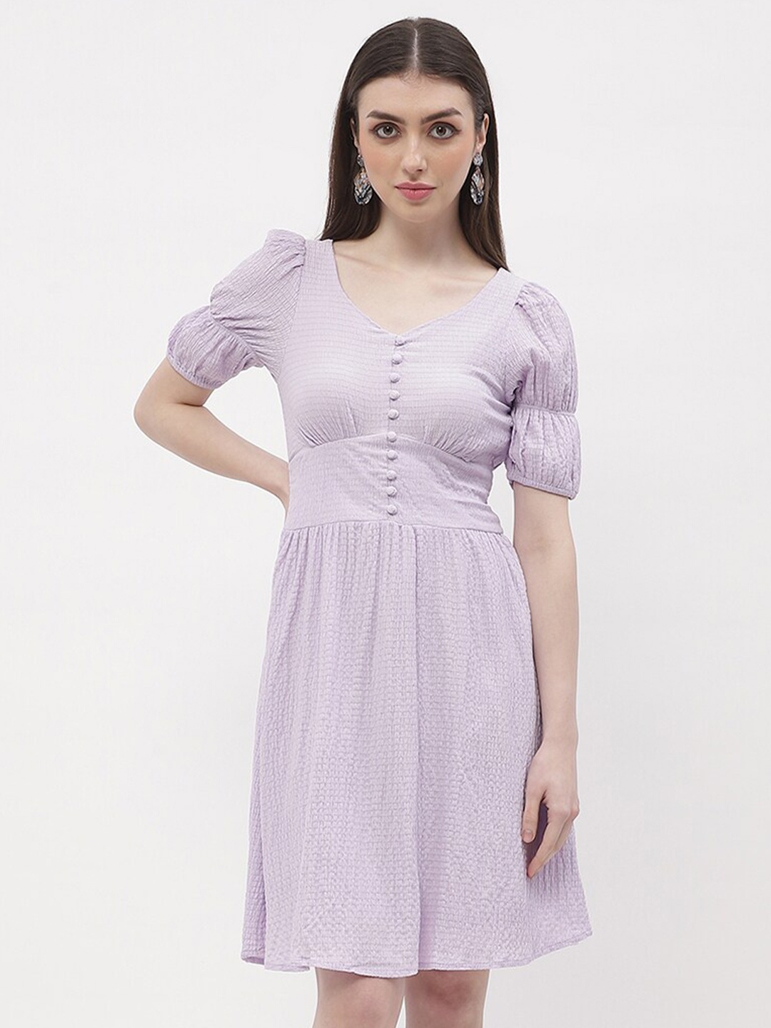 

Madame Striped Puff Sleeve Fit & Flare Dress, Lavender