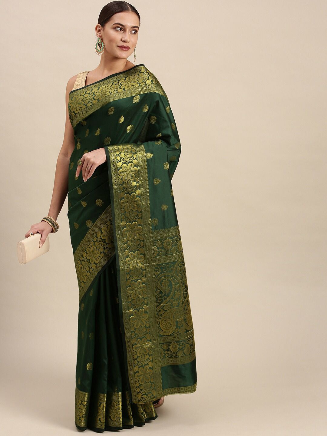 

MONERA Ethnic Motifs Woven Design Zari Silk Blend Banarasi Saree, Green