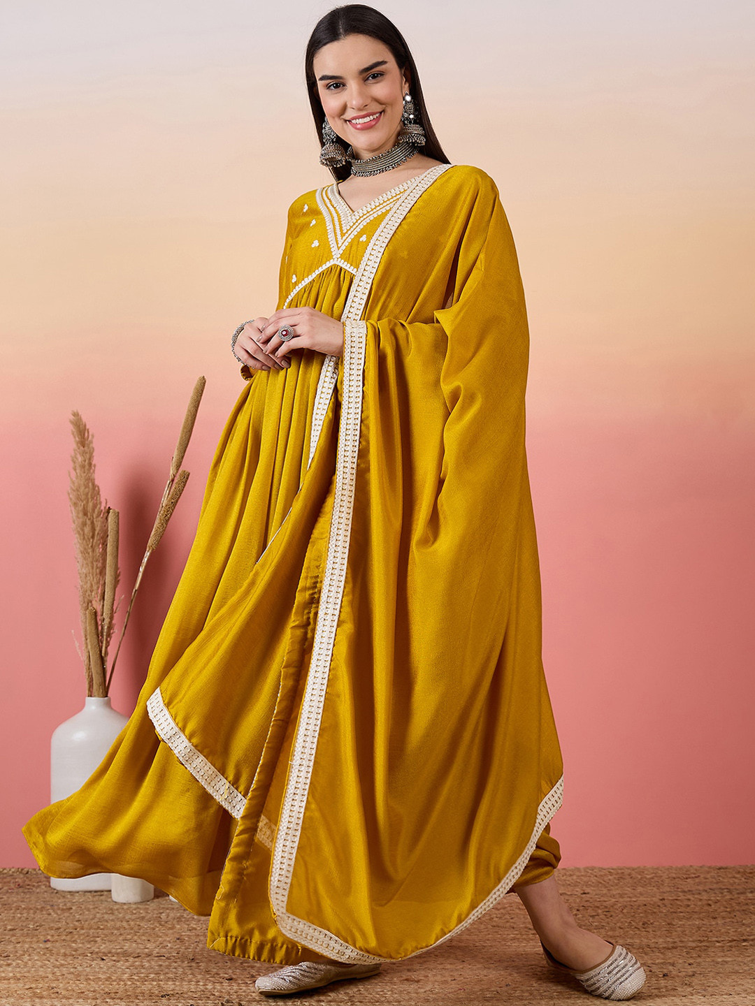 

KALINI Cotton Lace Design Empire Cotton Ethnic Dresses With Dupatta, Mustard