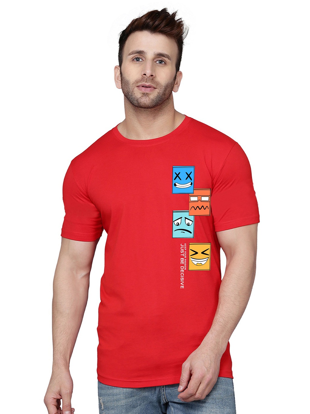 SLOWLORIS Graphic Printed Round Neck Casual T-shirt, Red