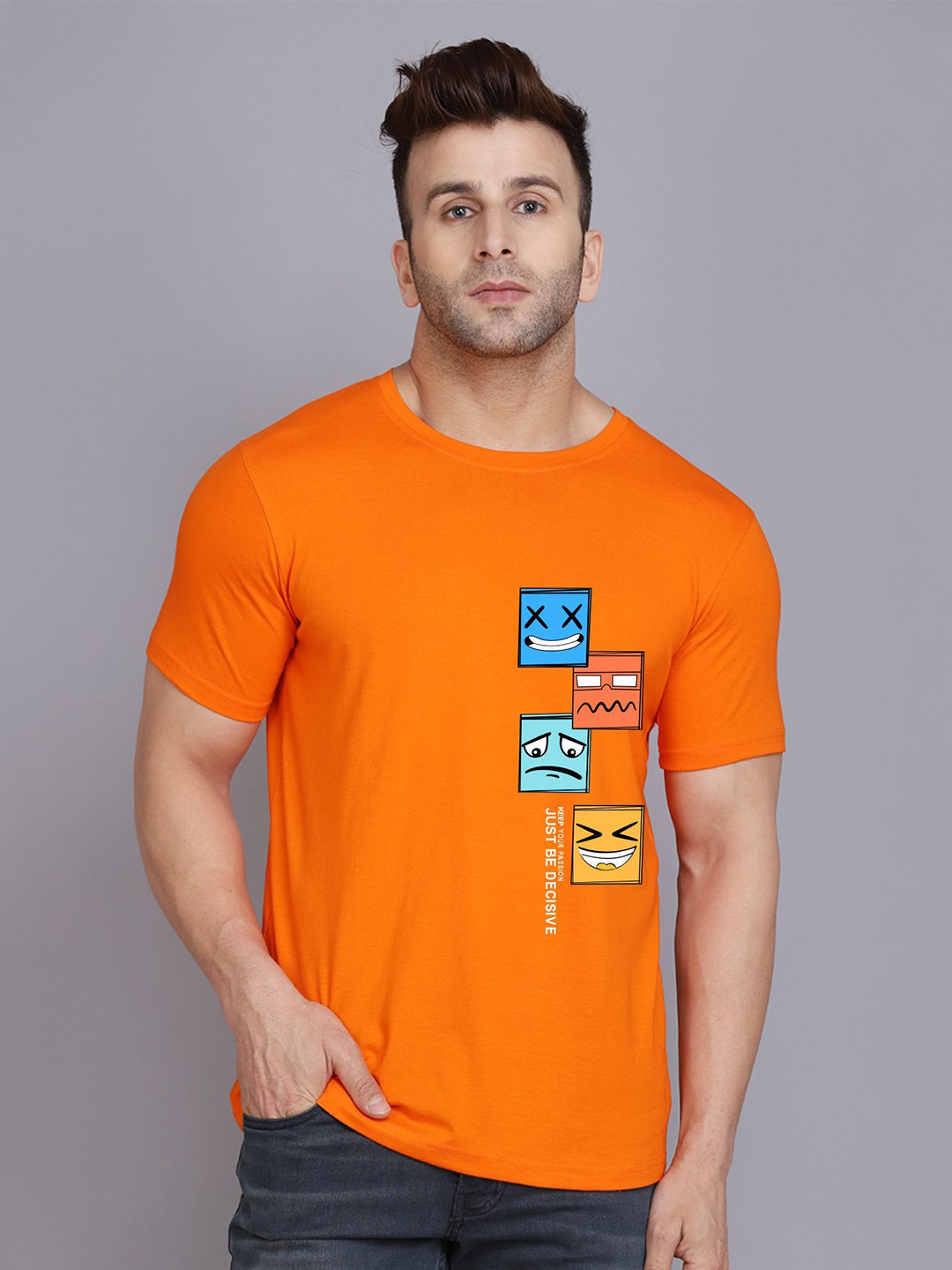 

SLOWLORIS Graphic Printed Round Neck Casual T-shirt, Orange