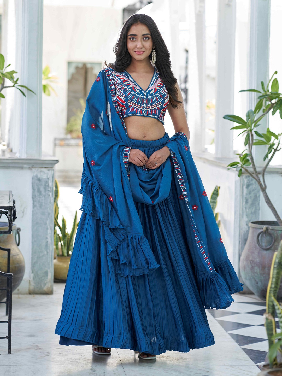 

KALINI Embroidered Thread Work Ready to Wear Lehenga & Blouse With Dupatta, Blue