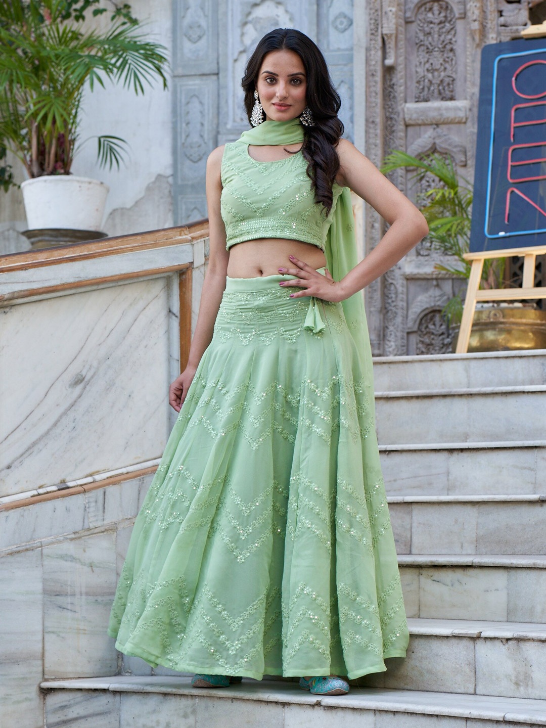 

KALINI Embroidered Sequined Ready to Wear Lehenga & Blouse With Dupatta, Sea green