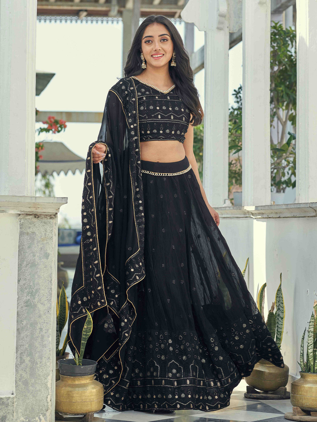 

KALINI Embroidered Thread Work Ready to Wear Lehenga & Blouse With Dupatta, Black