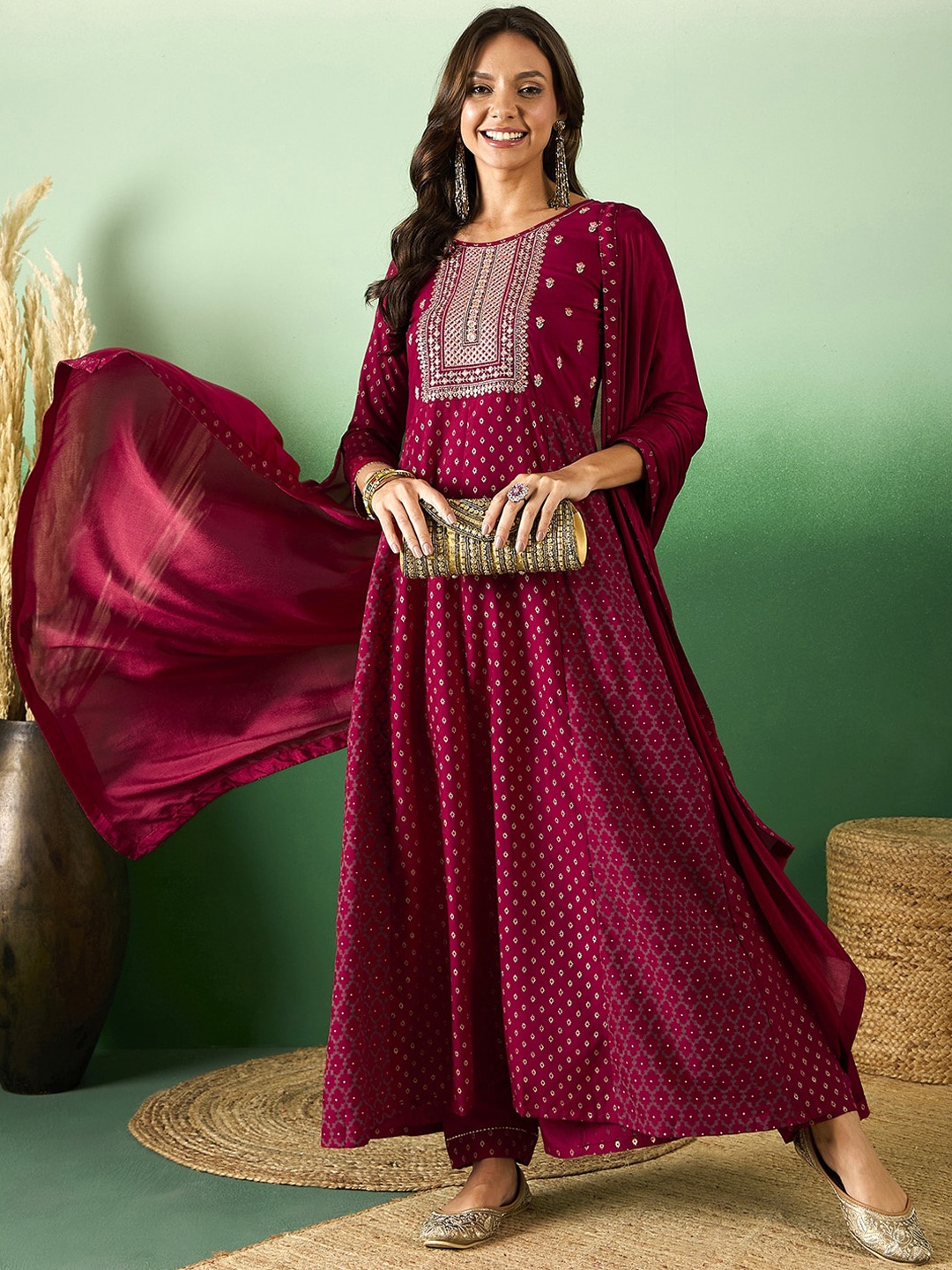 

Sangria Maroon Ethnic Motifs Embroidered Zari Anarkali Kurta With Trouser & Dupatta