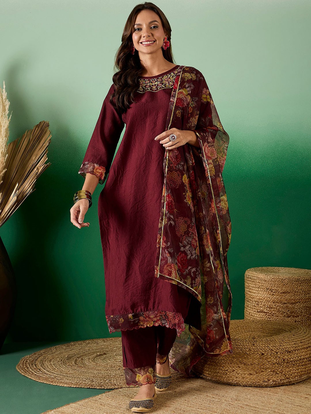 

Sangria Maroon Yoke Design Zari Straight Kurta With Trouser & Dupatta