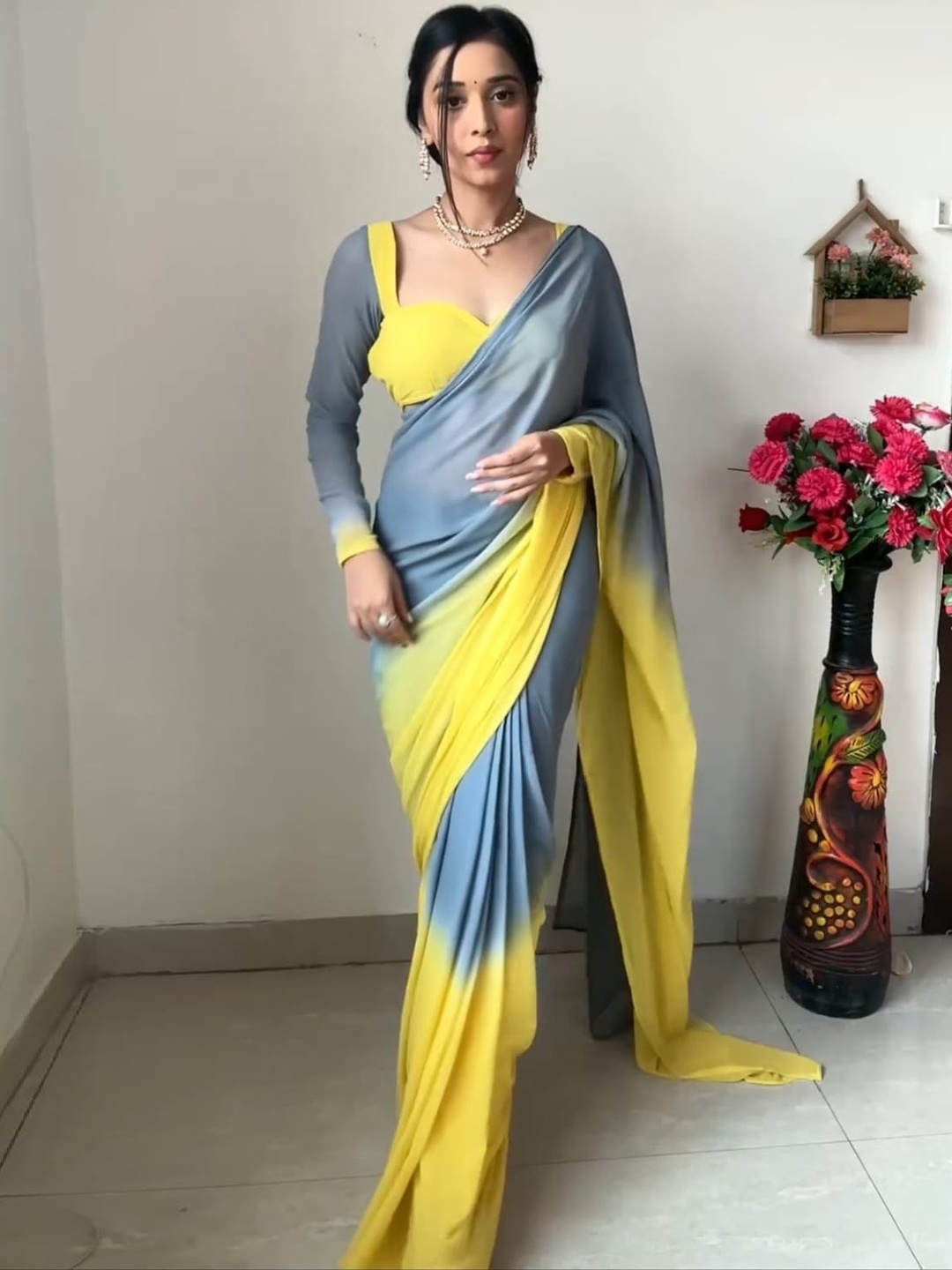 

Naishu Trendz Ombre Printed Ready To Wear Saree, Yellow