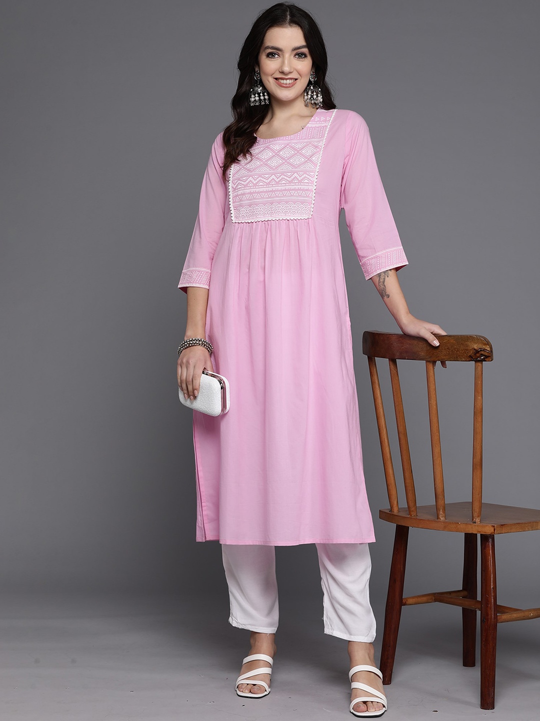 

Anouk Pink Ethnic Motifs Yoke Design Pleated Cotton A-Line Kurta