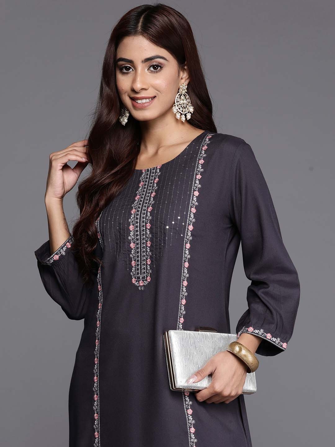 

Anouk Flared Sleeves Round Neck Thread Work Floral Kurta, Grey