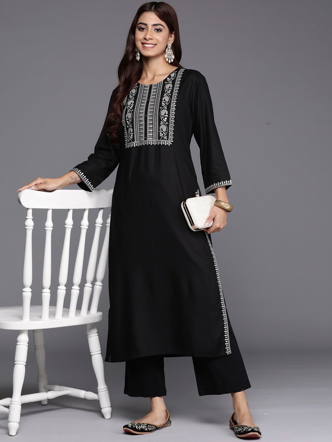Anouk Yoke Design Embroidered Straight Kurta, Black