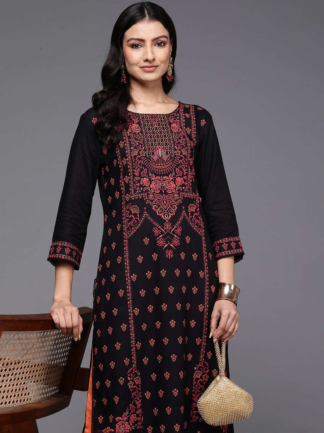 

Anouk Ethnic Motifs Printed Keyhole Neck Flared Sleeves Thread Work Kurta, Black