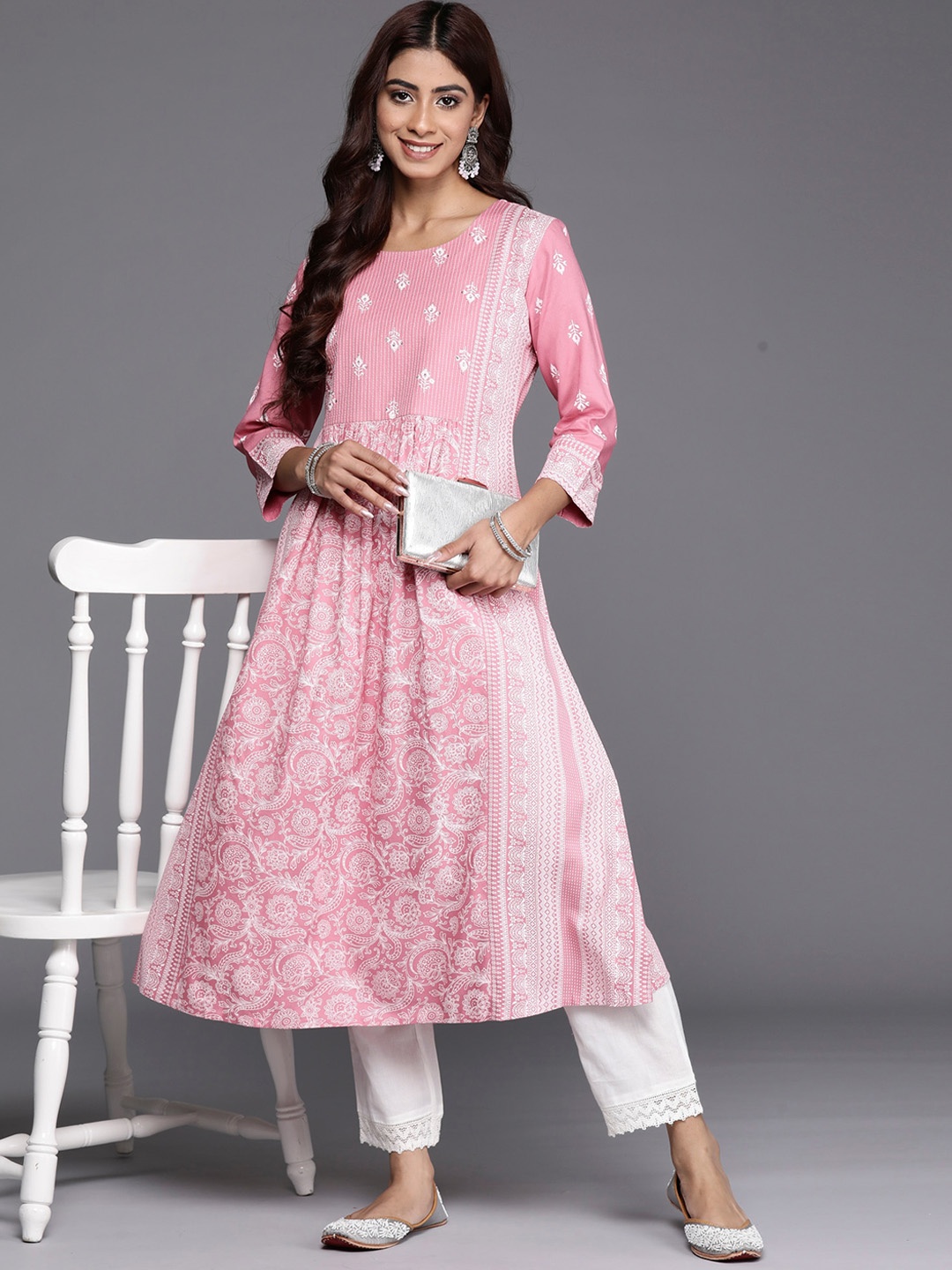 

Anouk Pink Ethnic Motifs Printed Thread Work Detailed Anarkali Kurta