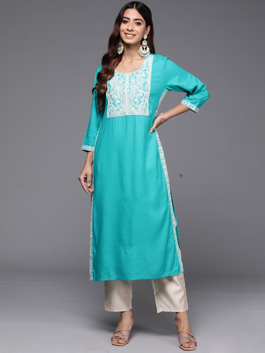 

Anouk Yoke Design Thread Work Straight Kurta, Blue