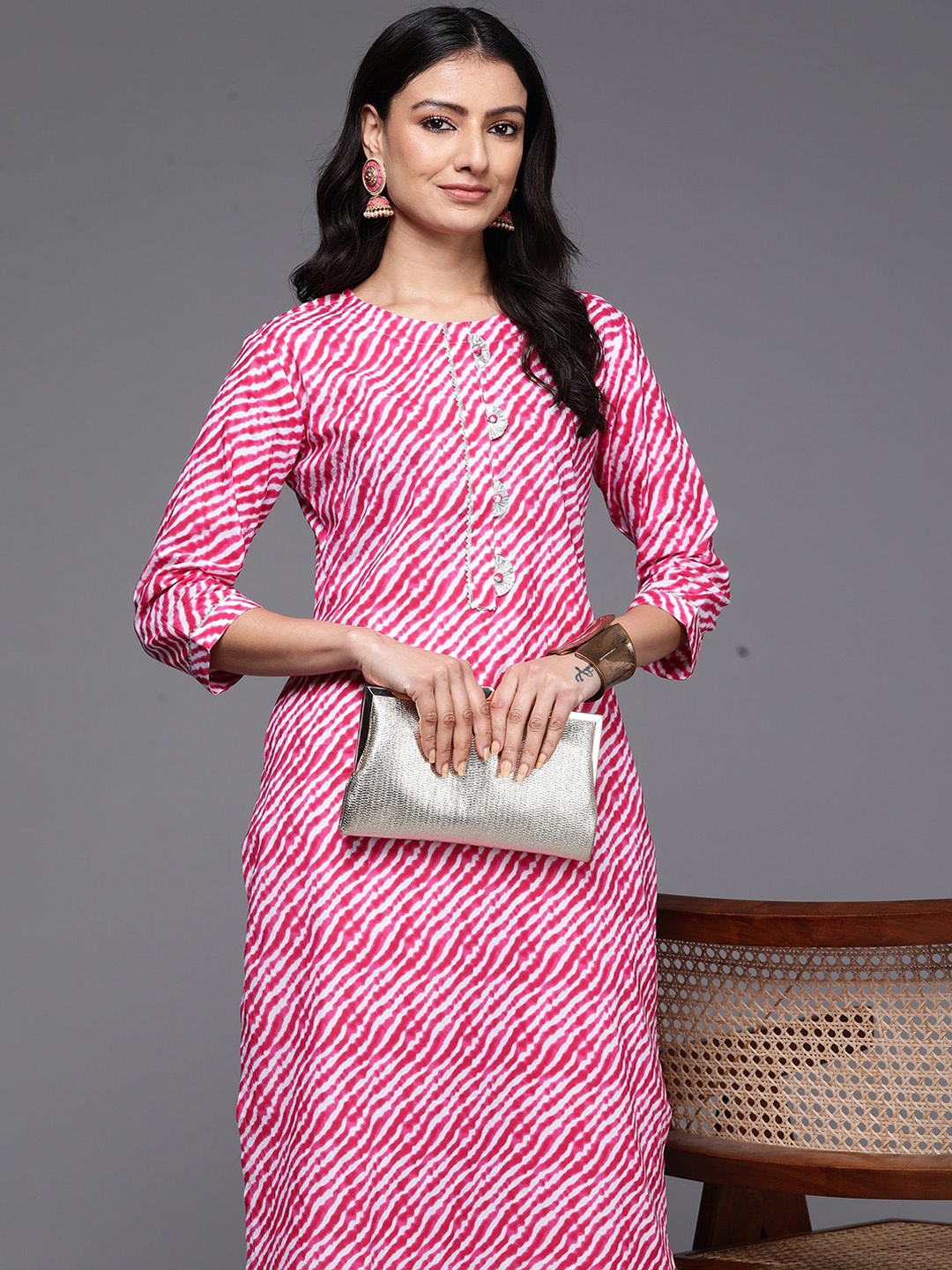 

Anouk Leheriya Printed Cotton Straight Kurta, Pink