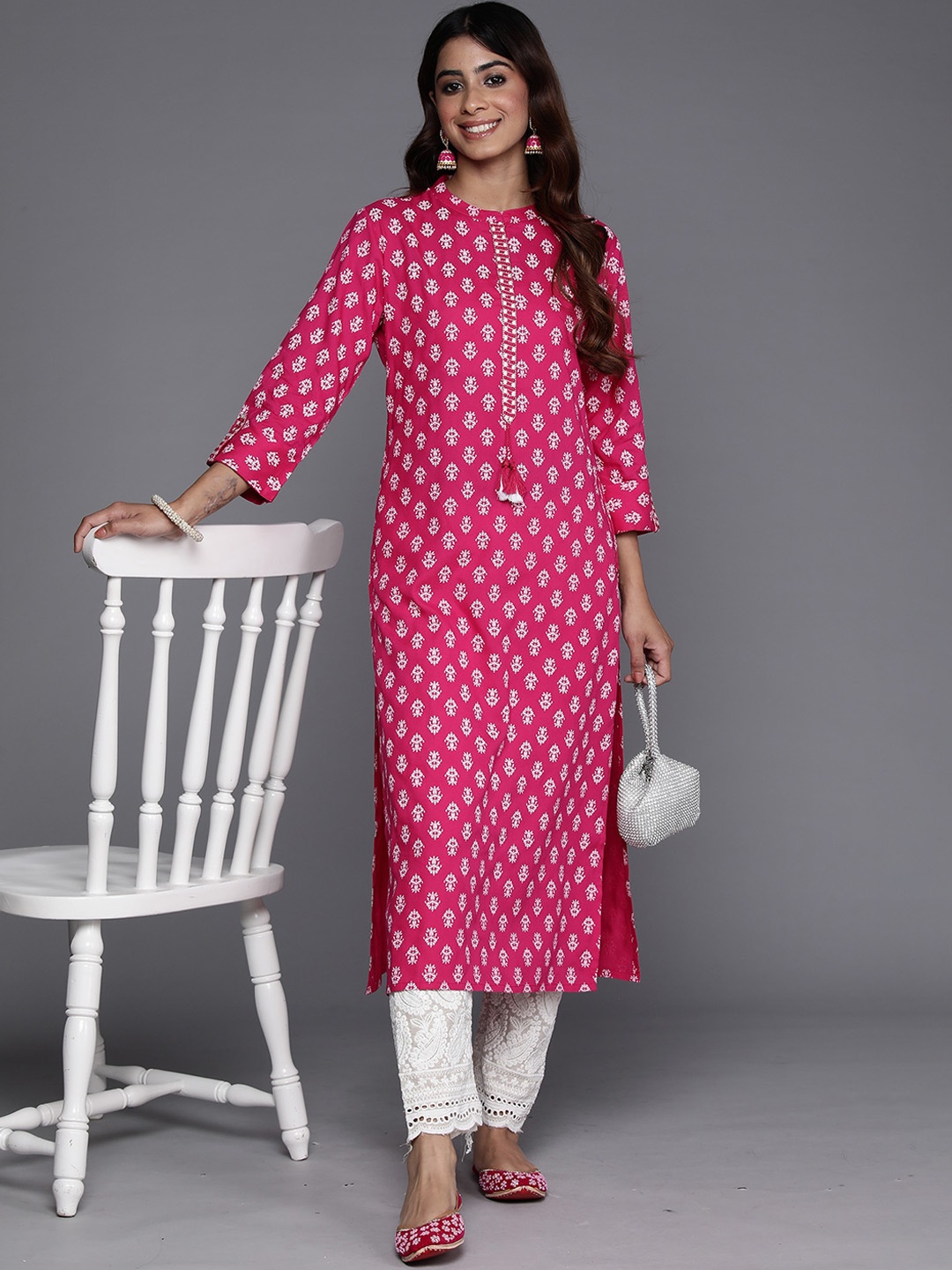 

Anouk Pink Ethnic Motifs Printed Mandarin Collar Straight Kurta