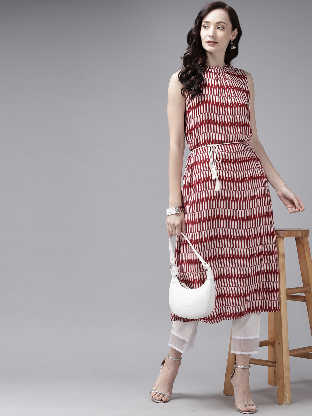 

Anouk Striped Printed A-line Round Neck Kurta, Red